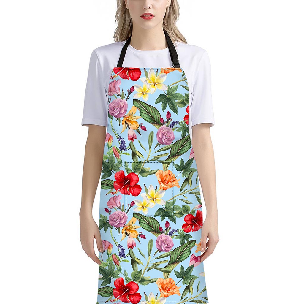 Hibiscus Flower Floral Pattern Print Bib Apron With Pocket