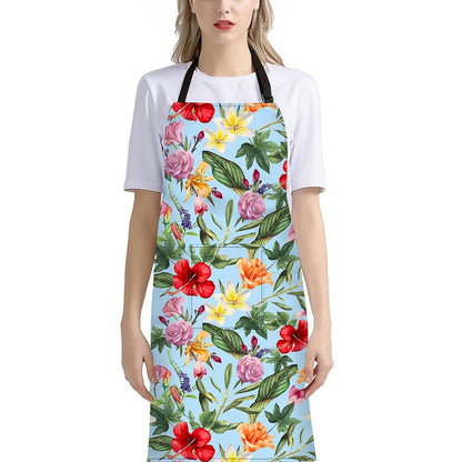 Hibiscus Flower Floral Pattern Print Bib Apron With Pocket