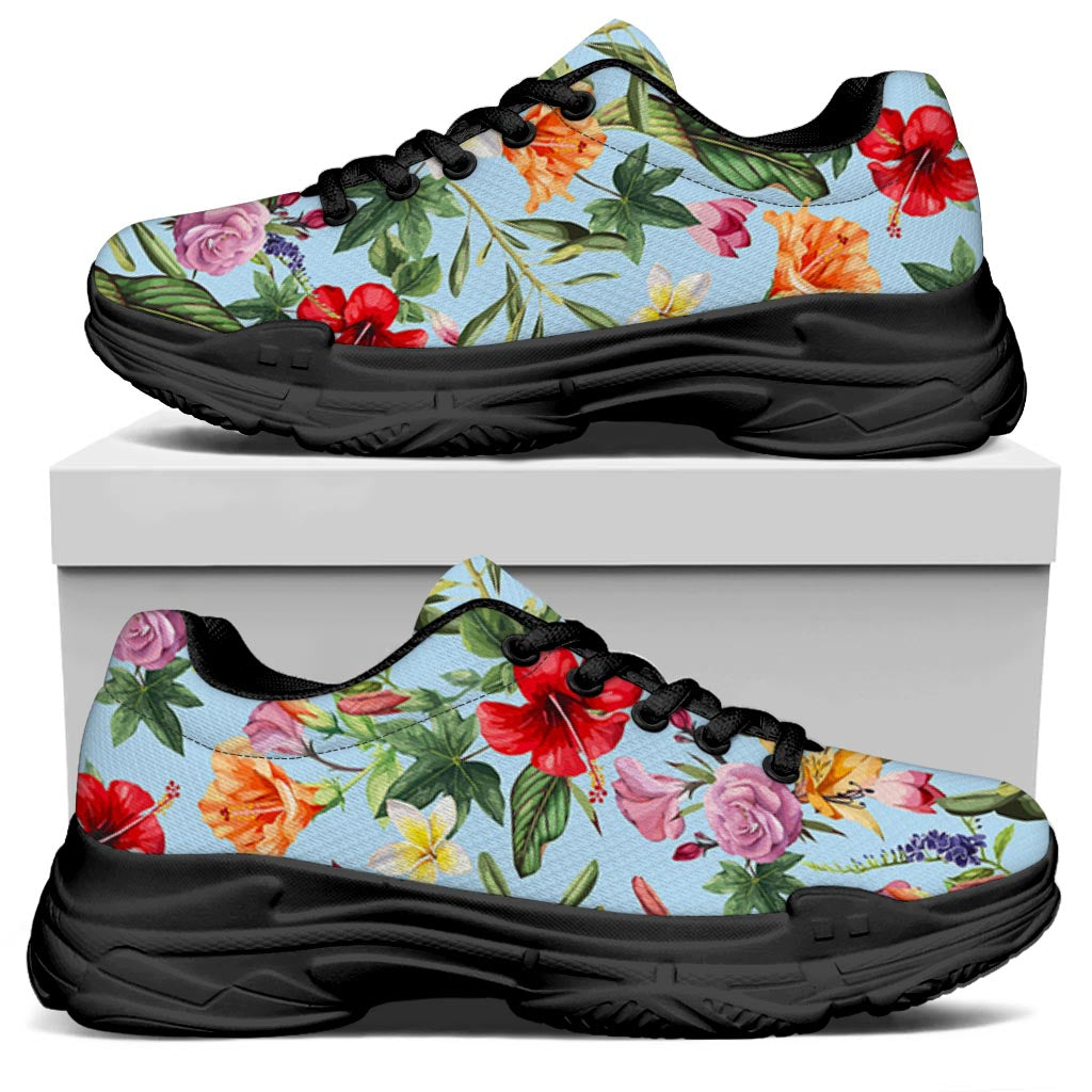 Hibiscus Flower Floral Pattern Print Black Chunky Shoes