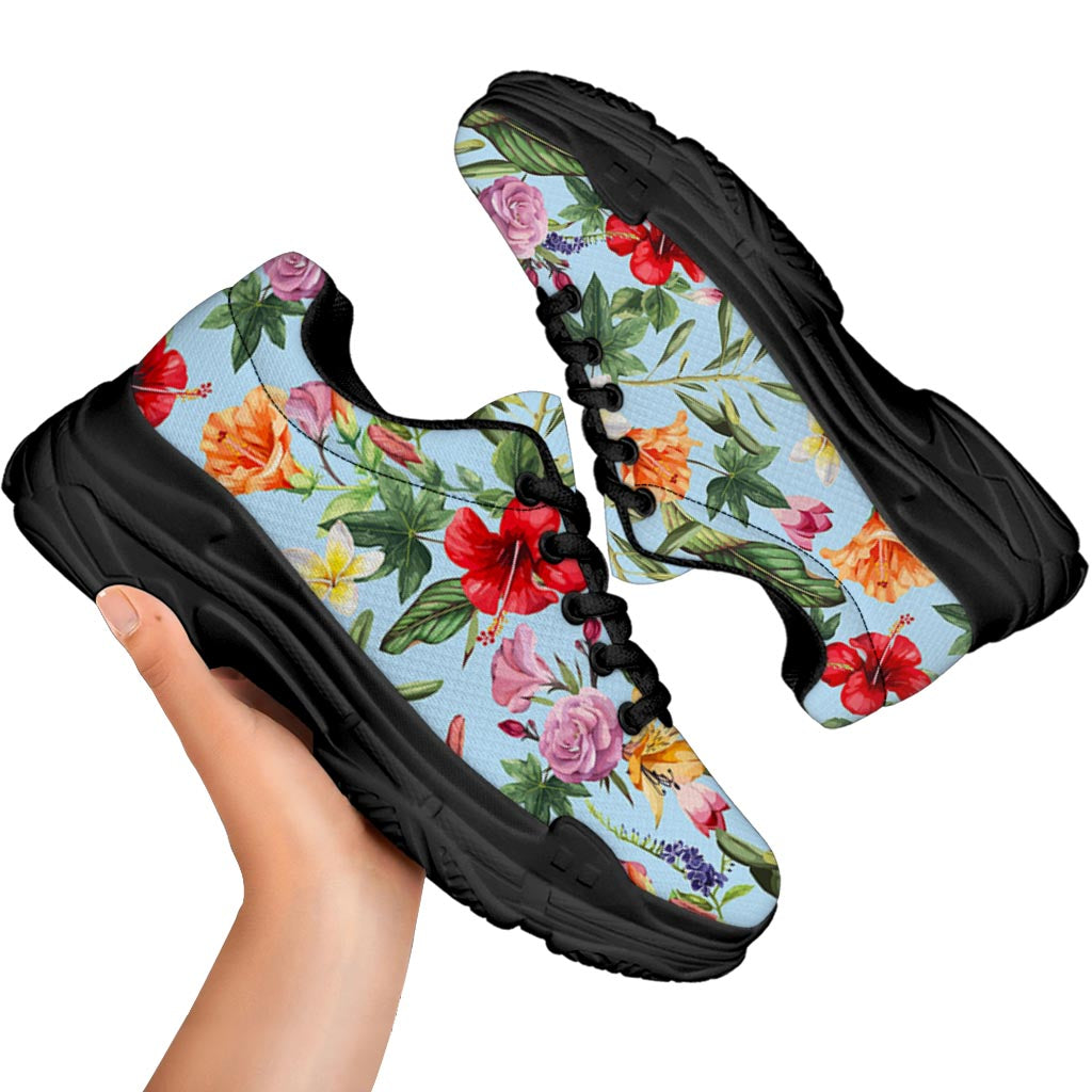 Hibiscus Flower Floral Pattern Print Black Chunky Shoes