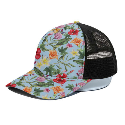 Hibiscus Flower Floral Pattern Print Black Mesh Trucker Cap