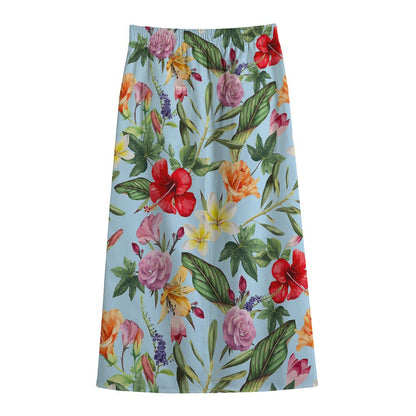 Hibiscus Flower Floral Pattern Print Cotton Front Slit Maxi Skirt