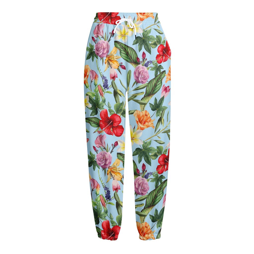 Hibiscus Flower Floral Pattern Print Fleece Lined Knit Pants
