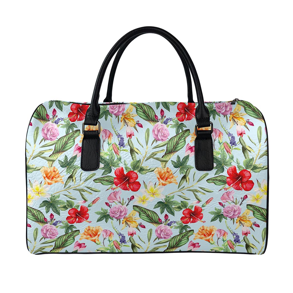 Hibiscus Flower Floral Pattern Print Leather Duffle Bag