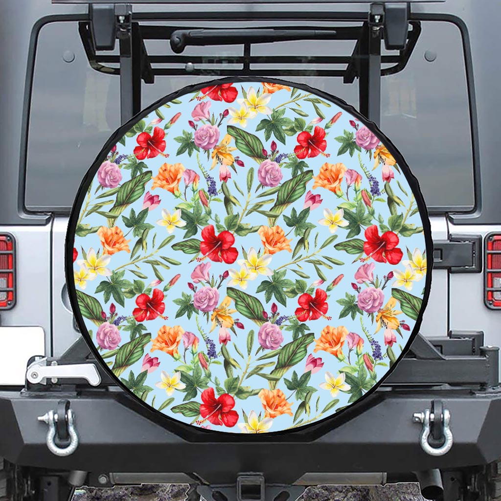 Hibiscus Flower Floral Pattern Print Leather Spare Tire Cover