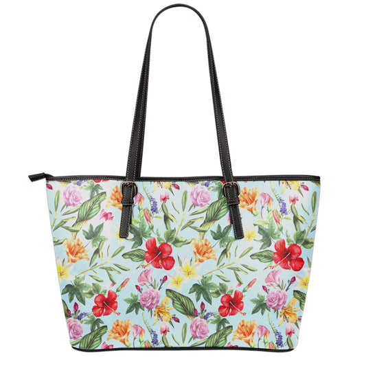 Hibiscus Flower Floral Pattern Print Leather Tote Bag