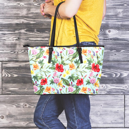 Hibiscus Flower Floral Pattern Print Leather Tote Bag