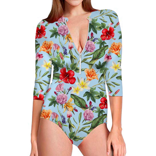 Hibiscus Flower Floral Pattern Print Long Sleeve Swimsuit