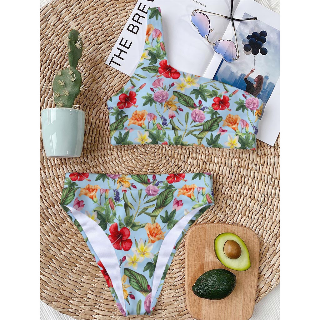 Hibiscus Flower Floral Pattern Print One Shoulder Bikini Top