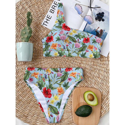 Hibiscus Flower Floral Pattern Print One Shoulder Bikini Top