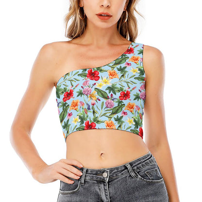 Hibiscus Flower Floral Pattern Print One Shoulder Crop Top
