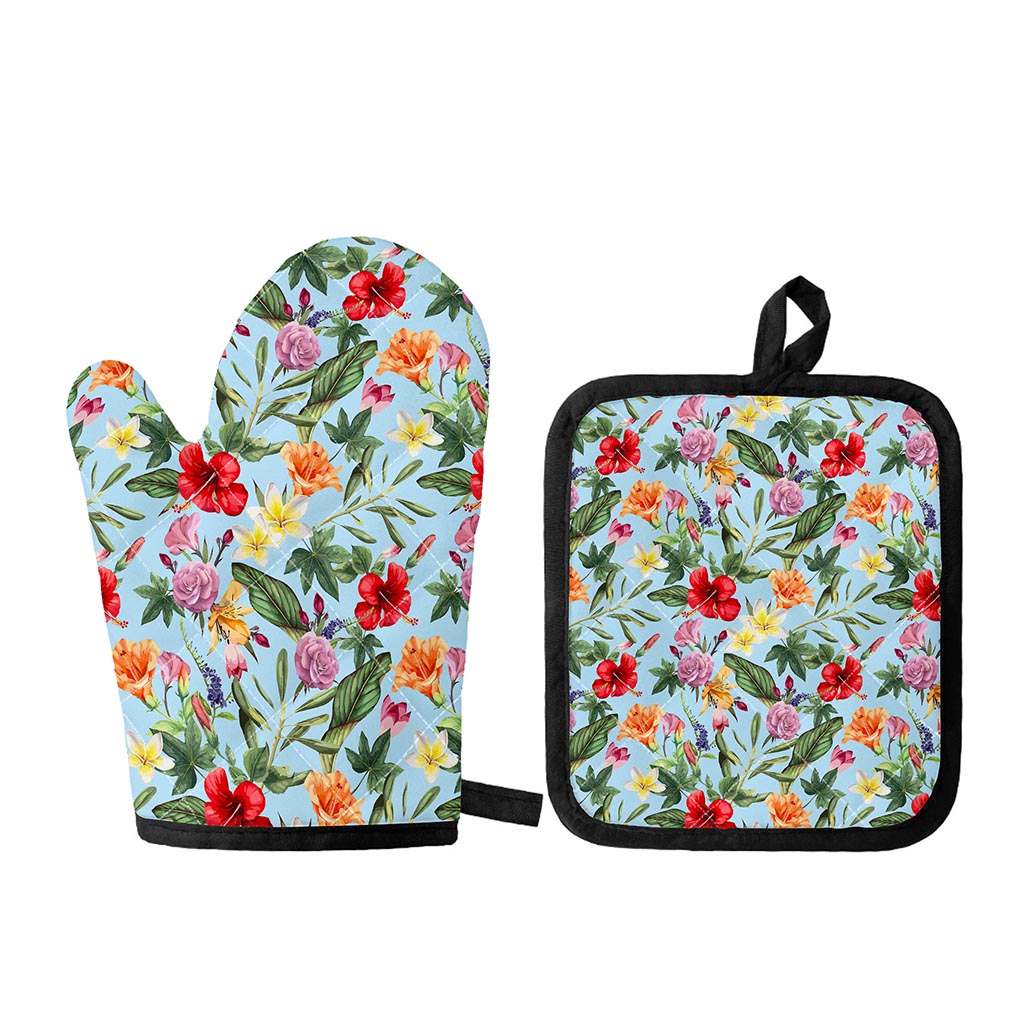 Hibiscus Flower Floral Pattern Print Oven Mitt And Pot Holder Set