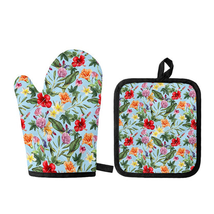 Hibiscus Flower Floral Pattern Print Oven Mitt And Pot Holder Set