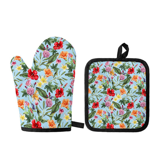 Hibiscus Flower Floral Pattern Print Oven Mitt And Pot Holder Set