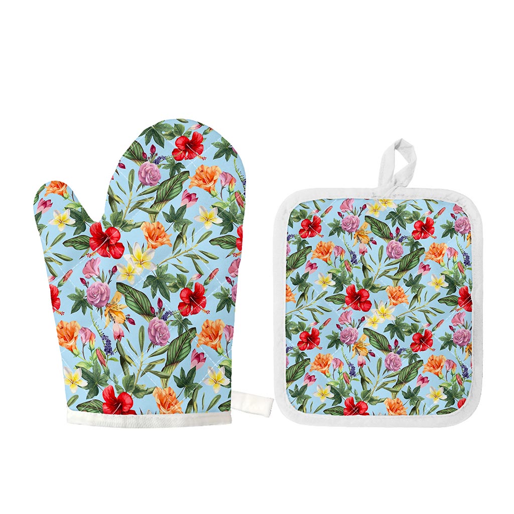 Hibiscus Flower Floral Pattern Print Oven Mitt And Pot Holder Set