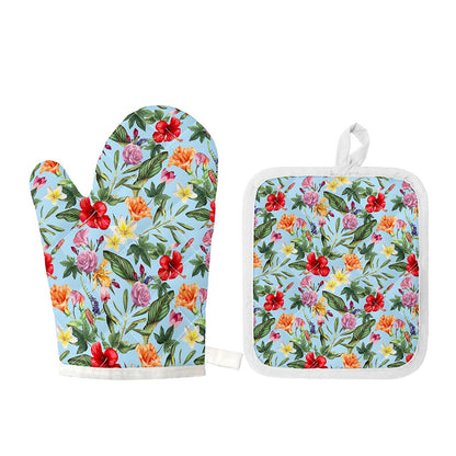 Hibiscus Flower Floral Pattern Print Oven Mitt And Pot Holder Set