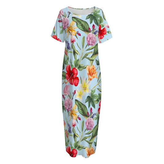 Hibiscus Flower Floral Pattern Print Short Sleeve Long Nightdress