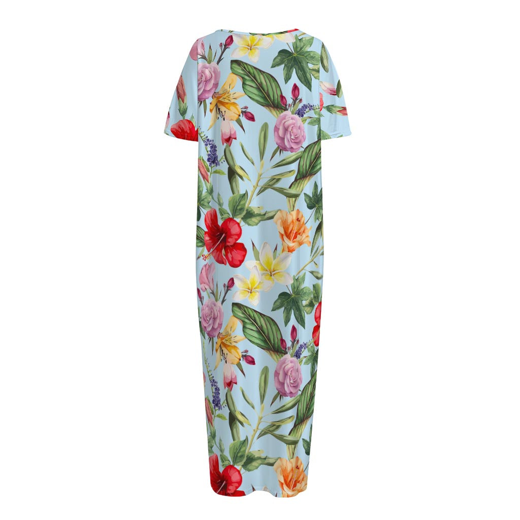 Hibiscus Flower Floral Pattern Print Short Sleeve Long Nightdress