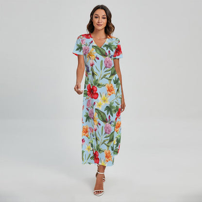 Hibiscus Flower Floral Pattern Print Short Sleeve Maxi Dress