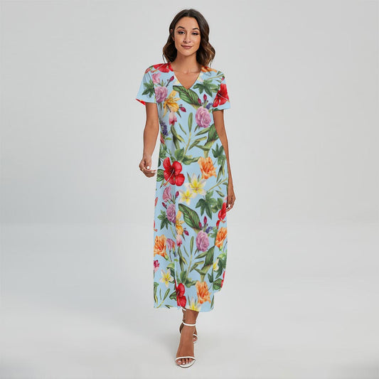 Hibiscus Flower Floral Pattern Print Short Sleeve Maxi Dress