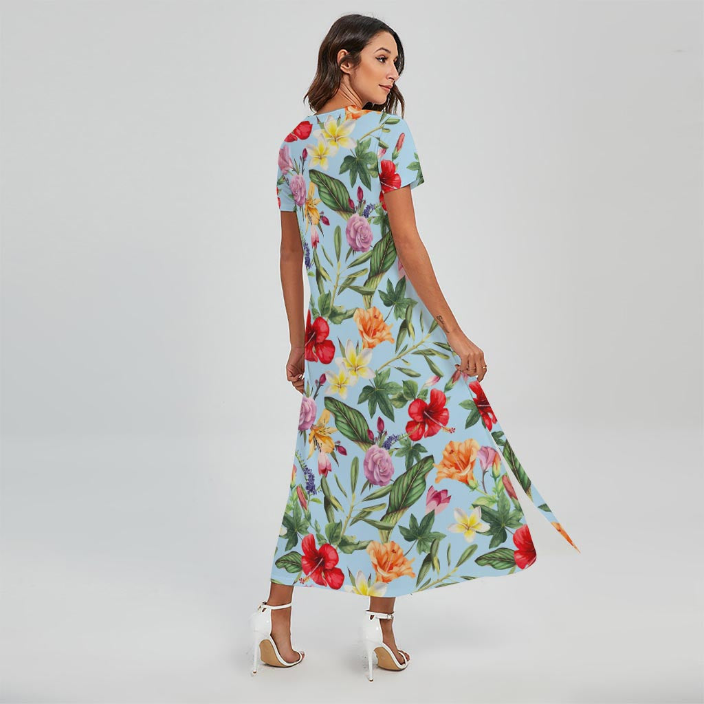 Hibiscus Flower Floral Pattern Print Short Sleeve Maxi Dress