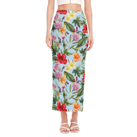 Hibiscus Flower Floral Pattern Print Side Slit Maxi Skirt