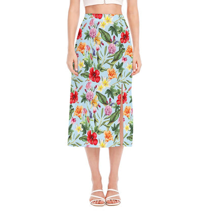 Hibiscus Flower Floral Pattern Print Side Slit Midi Skirt
