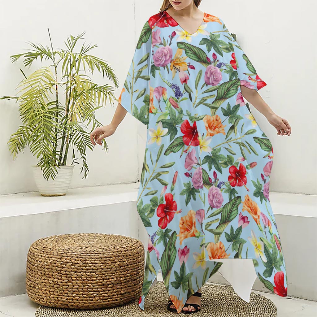 Hibiscus Flower Floral Pattern Print Silk V-Neck Kaftan Dress
