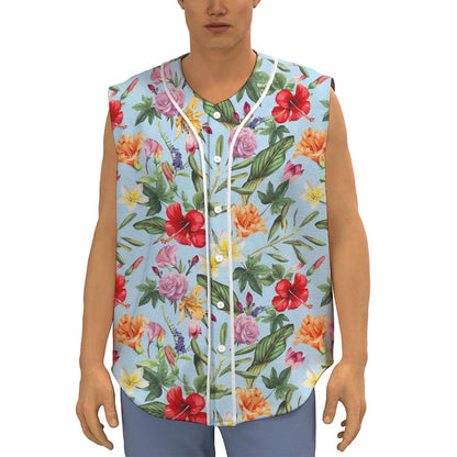 Hibiscus Flower Floral Pattern Print Sleeveless Baseball Jersey
