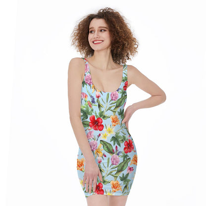 Hibiscus Flower Floral Pattern Print Sleeveless Bodycon Dress