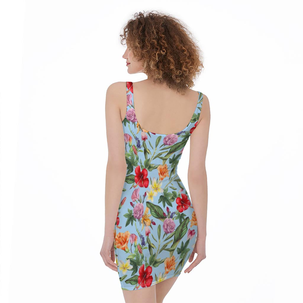 Hibiscus Flower Floral Pattern Print Sleeveless Bodycon Dress