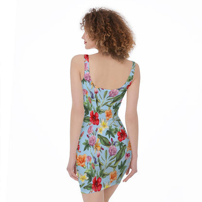 Hibiscus Flower Floral Pattern Print Sleeveless Bodycon Dress