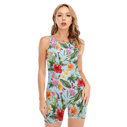 Hibiscus Flower Floral Pattern Print Sleeveless One Piece Swimsuit