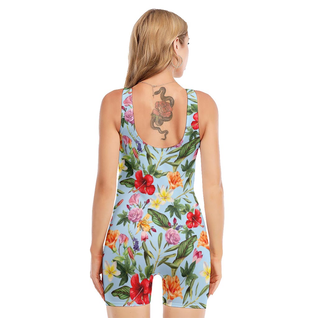 Hibiscus Flower Floral Pattern Print Sleeveless One Piece Swimsuit