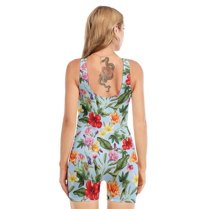 Hibiscus Flower Floral Pattern Print Sleeveless One Piece Swimsuit