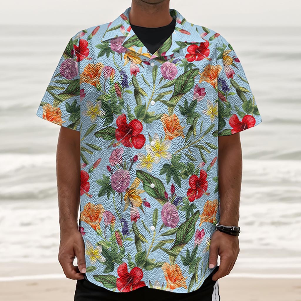 Hibiscus Flower Floral Pattern Print Textured Short Sleeve Shirt