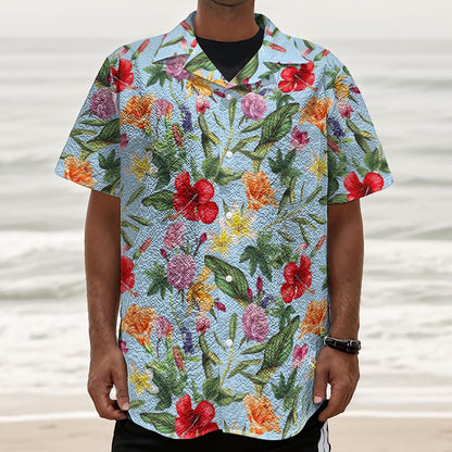 Hibiscus Flower Floral Pattern Print Textured Short Sleeve Shirt