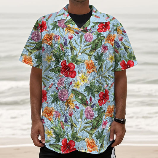 Hibiscus Flower Floral Pattern Print Textured Short Sleeve Shirt
