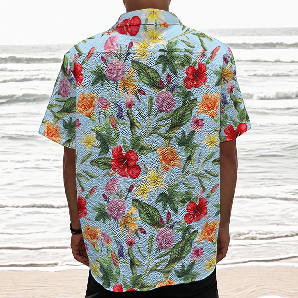 Hibiscus Flower Floral Pattern Print Textured Short Sleeve Shirt
