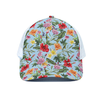 Hibiscus Flower Floral Pattern Print White Mesh Trucker Cap