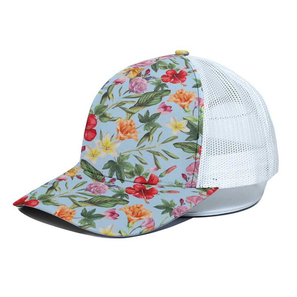 Hibiscus Flower Floral Pattern Print White Mesh Trucker Cap
