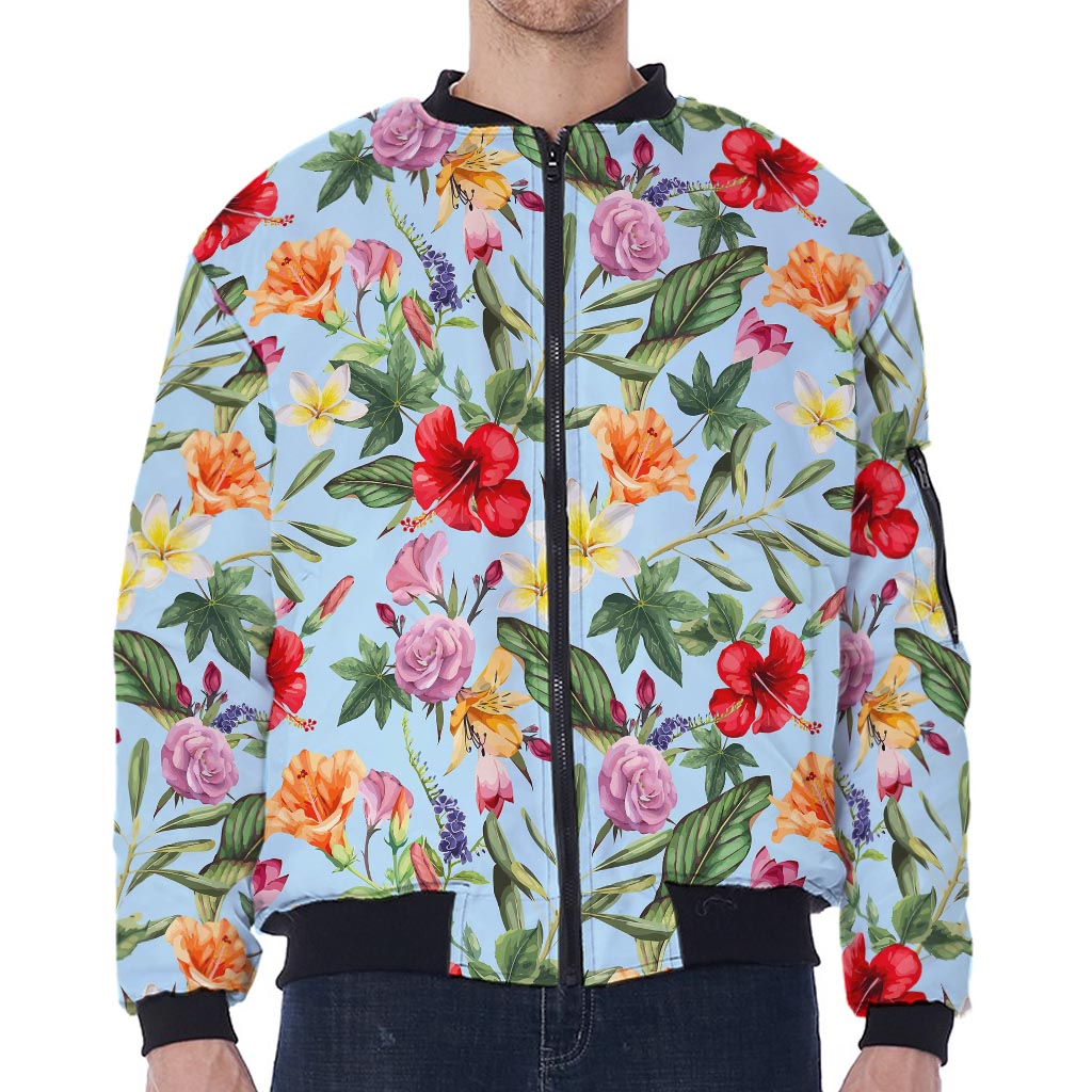 Hibiscus Flower Floral Pattern Print Zip Sleeve Bomber Jacket