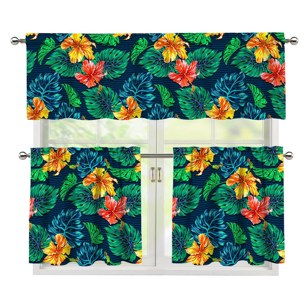 Hibiscus Monstera Hawaii Pattern Print 3 Piece Kitchen Curtains