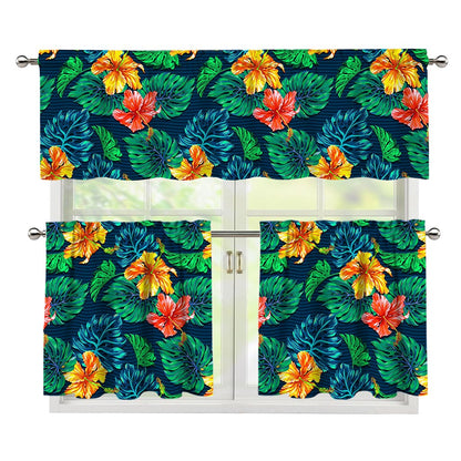 Hibiscus Monstera Hawaii Pattern Print 3 Piece Kitchen Curtains
