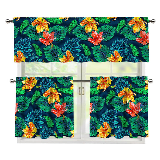 Hibiscus Monstera Hawaii Pattern Print 3 Piece Kitchen Curtains