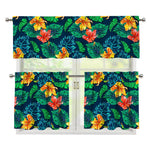 Hibiscus Monstera Hawaii Pattern Print 3 Piece Kitchen Curtains