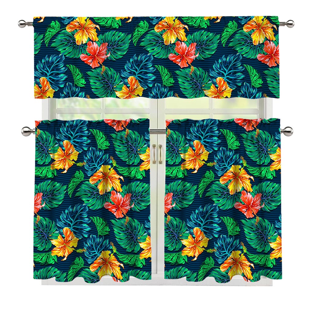 Hibiscus Monstera Hawaii Pattern Print 3 Piece Kitchen Curtains