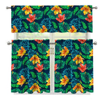 Hibiscus Monstera Hawaii Pattern Print 3 Piece Kitchen Curtains