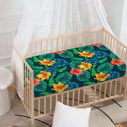 Hibiscus Monstera Hawaii Pattern Print Baby Crib Sheet
