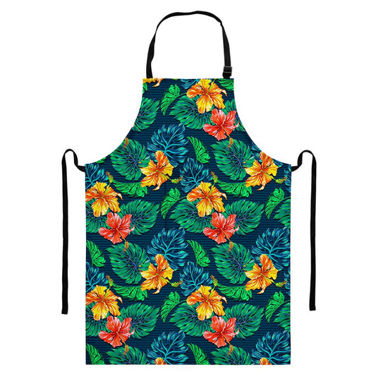 Hibiscus Monstera Hawaii Pattern Print Bib Apron With Pocket